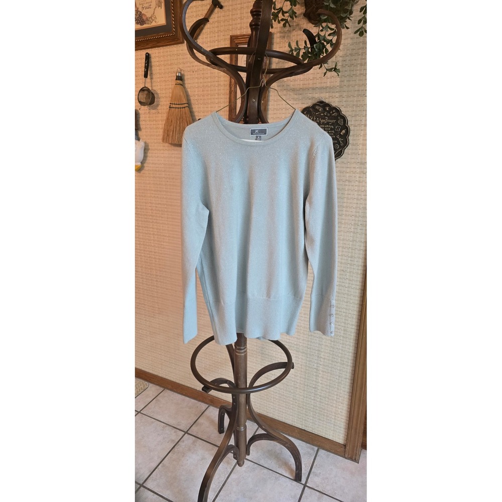 JM Collection Womens Medium Light Blue Metallic Shimmer Button Cuff Crew Sweater